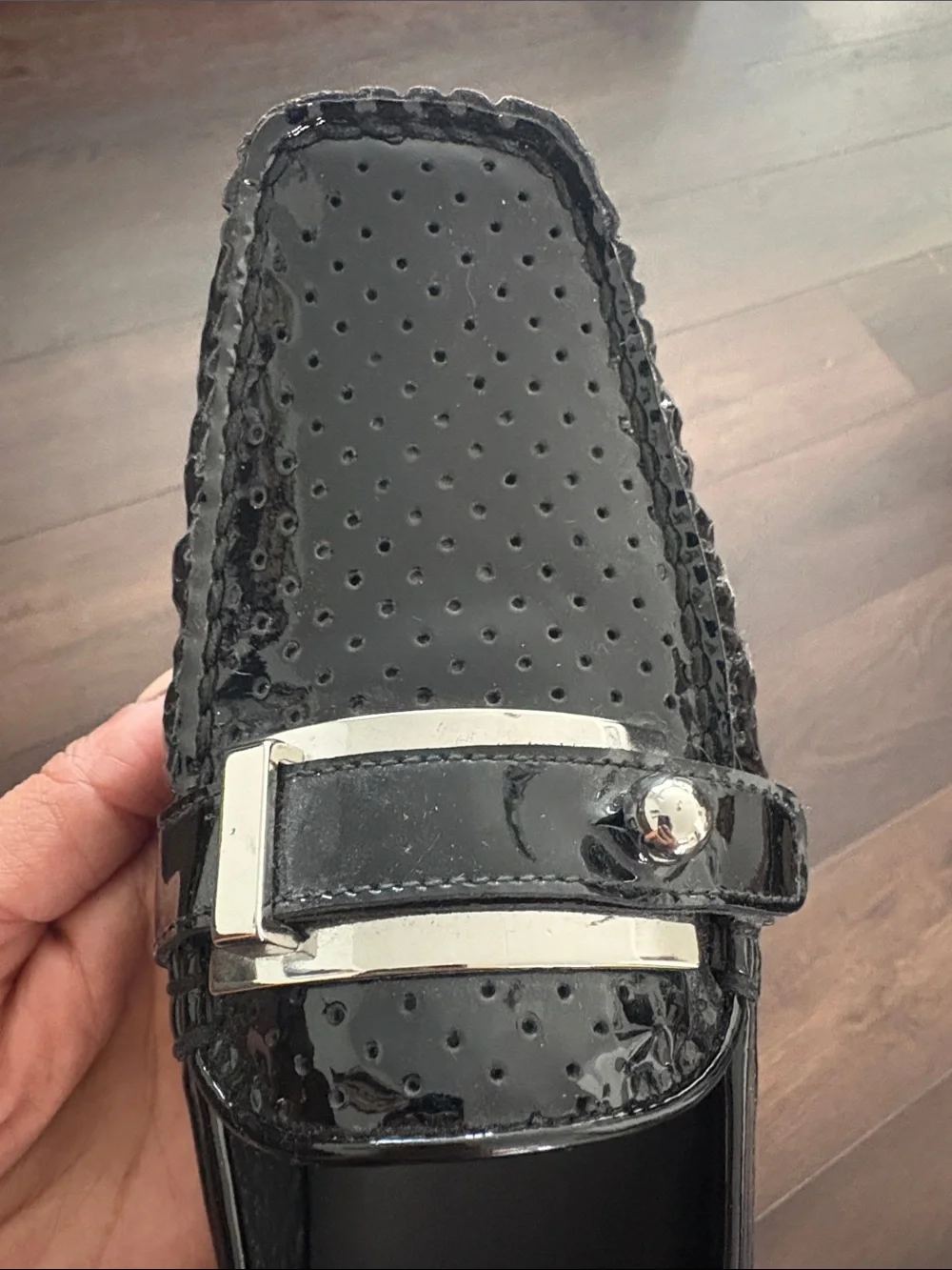 Stuart Weitzman Black Patent Perforated Bit Loafers